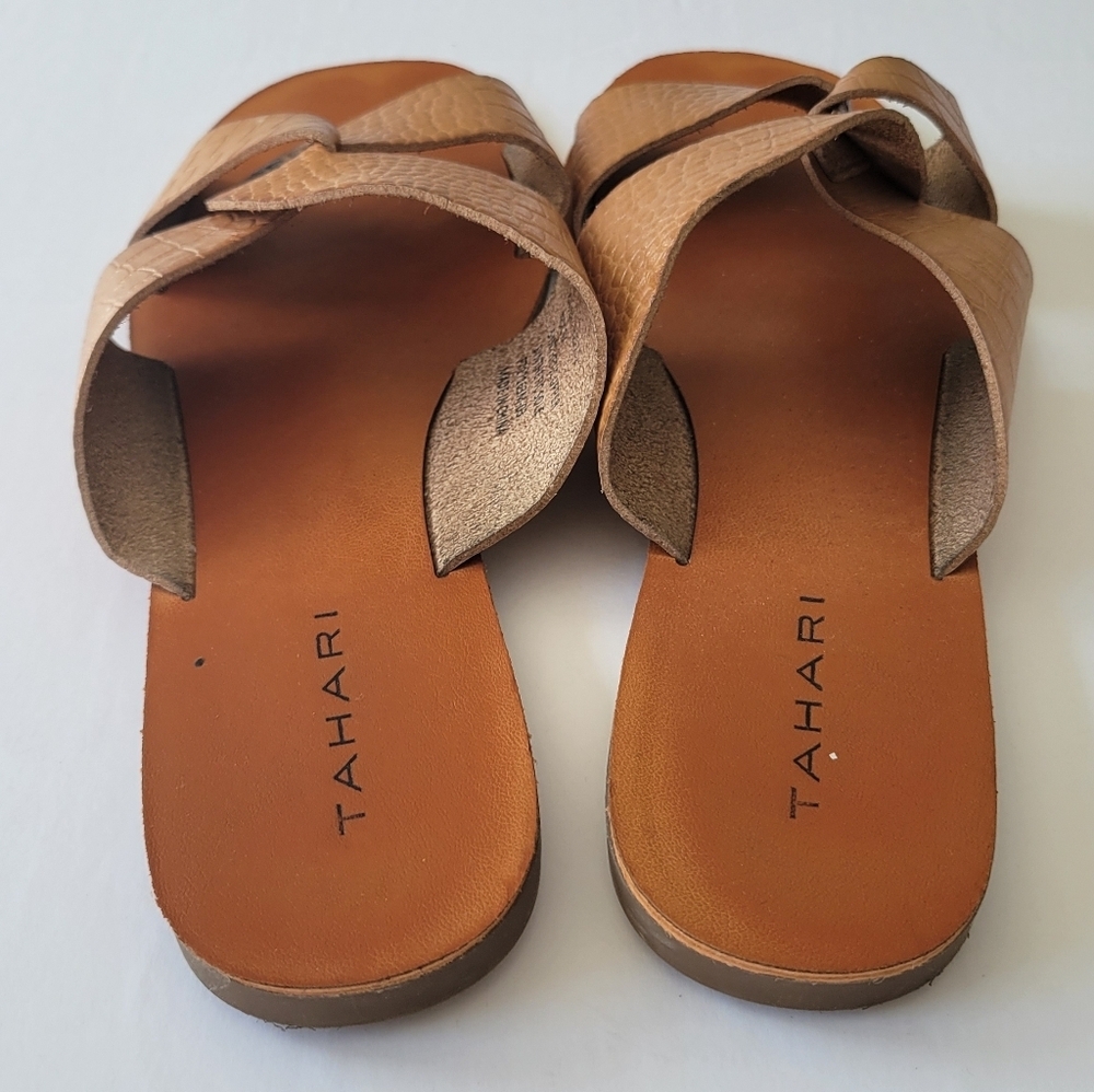 Tahari Tan Croc-Embossed Slide Sandals - Picture 3 of 5